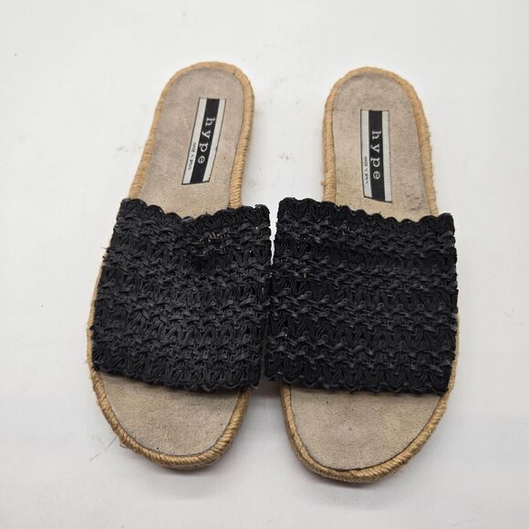 Hype Womens Size 10 Slide Sandals Leather Flat Open Toe Slip On espadrille Black - Picture 3 of 8